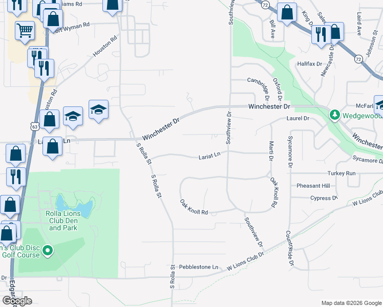 map of restaurants, bars, coffee shops, grocery stores, and more near 601 Lariat Lane in Rolla