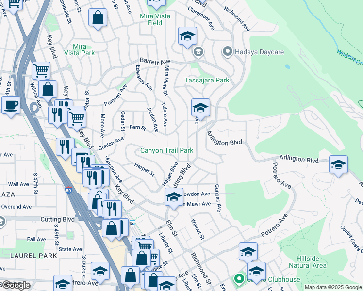 map of restaurants, bars, coffee shops, grocery stores, and more near 2028 Mira Vista Drive in El Cerrito