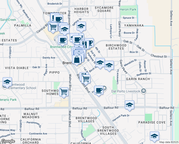 map of restaurants, bars, coffee shops, grocery stores, and more near 217 Delta Avenue in Brentwood