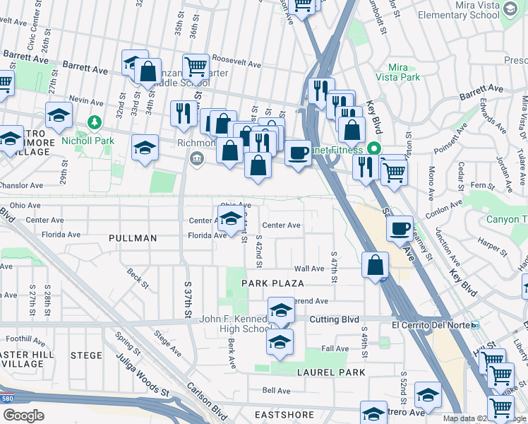 map of restaurants, bars, coffee shops, grocery stores, and more near 110 South 42nd Street in Richmond