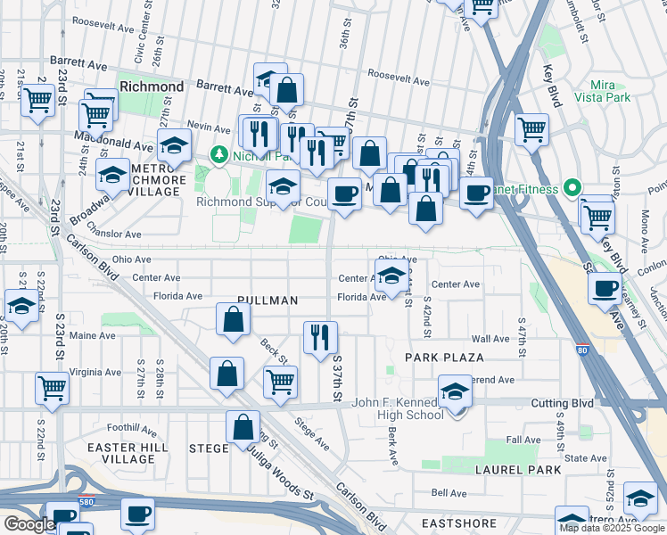map of restaurants, bars, coffee shops, grocery stores, and more near 110 South 37th Street in Richmond