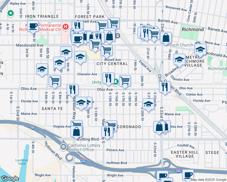 map of restaurants, bars, coffee shops, grocery stores, and more near 113 South 15th Street in Richmond