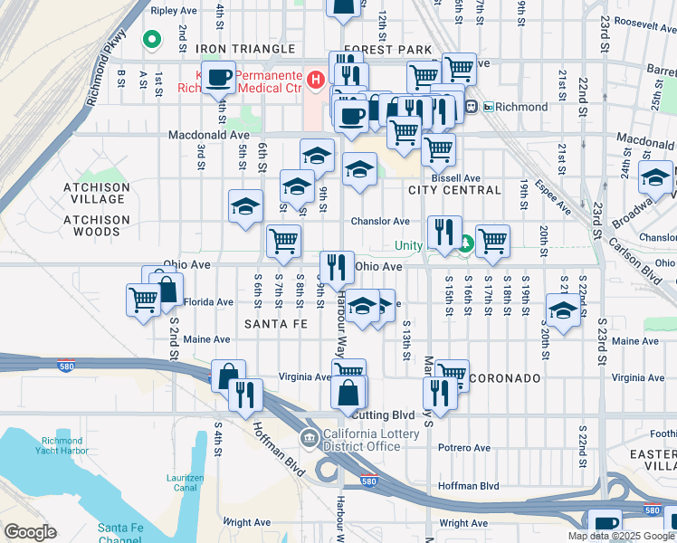 map of restaurants, bars, coffee shops, grocery stores, and more near 1020 Ohio Avenue in Richmond
