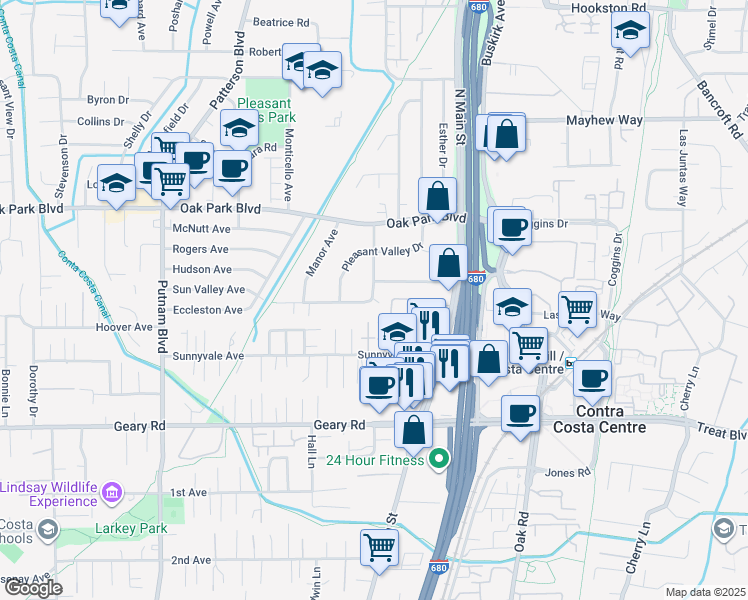 map of restaurants, bars, coffee shops, grocery stores, and more near 154 Vía Del Sol in Walnut Creek