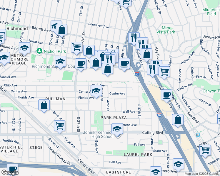 map of restaurants, bars, coffee shops, grocery stores, and more near 110 South 42nd Street in Richmond
