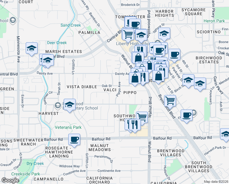 map of restaurants, bars, coffee shops, grocery stores, and more near 14 Canterbury Court in Brentwood