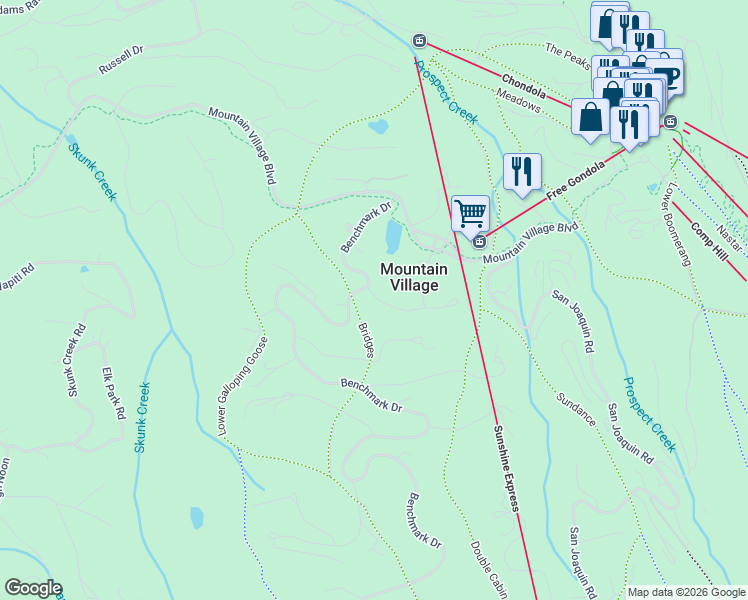 map of restaurants, bars, coffee shops, grocery stores, and more near 1-115 Hang Glider Drive in Mountain Village