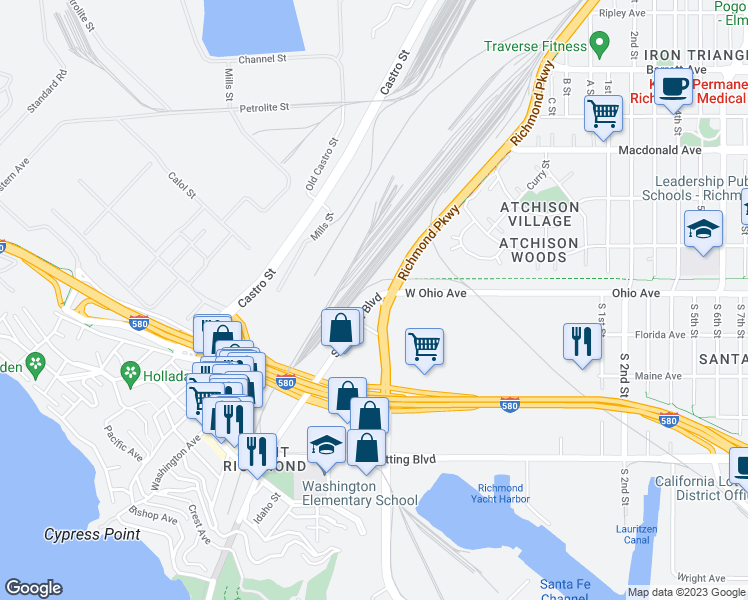 map of restaurants, bars, coffee shops, grocery stores, and more near 2 South Garrard Boulevard in Richmond
