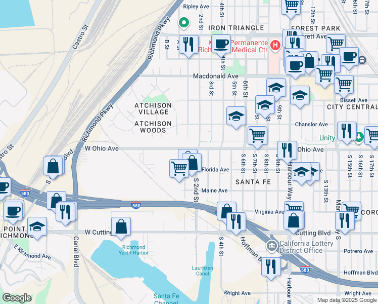 map of restaurants, bars, coffee shops, grocery stores, and more near 110 Ohio Avenue in Richmond