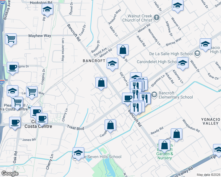 map of restaurants, bars, coffee shops, grocery stores, and more near 1628 Countrywood Court in Walnut Creek