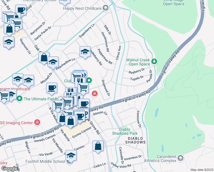 map of restaurants, bars, coffee shops, grocery stores, and more near 224 Dogwood Drive in Walnut Creek