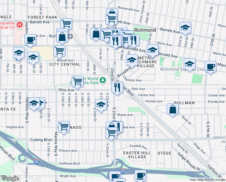 map of restaurants, bars, coffee shops, grocery stores, and more near 2230 Ohio Avenue in Richmond