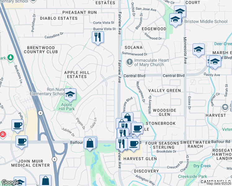 map of restaurants, bars, coffee shops, grocery stores, and more near 360 Winesap Drive in Brentwood