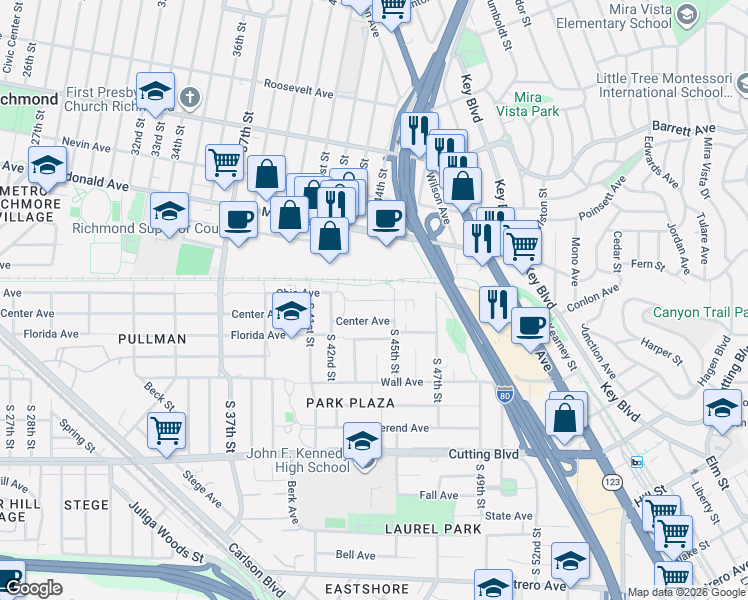 map of restaurants, bars, coffee shops, grocery stores, and more near 4410 Ohio Avenue in Richmond