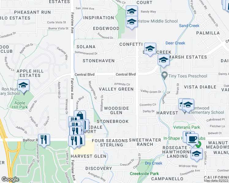 map of restaurants, bars, coffee shops, grocery stores, and more near 783 Peachwillow Drive in Brentwood