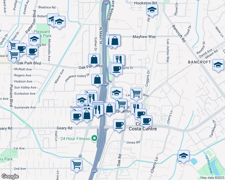 map of restaurants, bars, coffee shops, grocery stores, and more near 3055 Oak Road in Walnut Creek