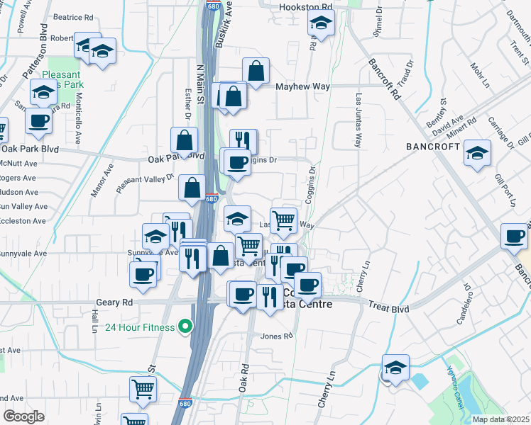 map of restaurants, bars, coffee shops, grocery stores, and more near 1352 Las Juntas Way in Walnut Creek