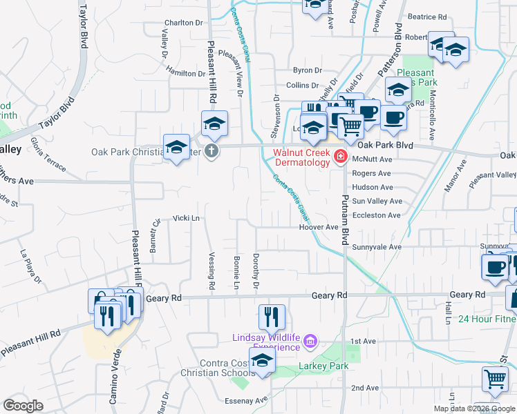 map of restaurants, bars, coffee shops, grocery stores, and more near 193 Oak Park Lane in Pleasant Hill
