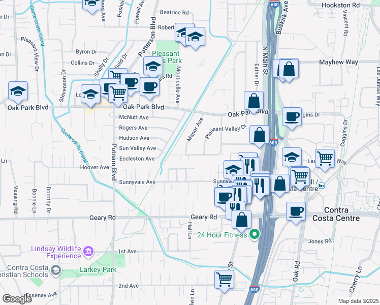 map of restaurants, bars, coffee shops, grocery stores, and more near 3100 Manor Avenue in Walnut Creek
