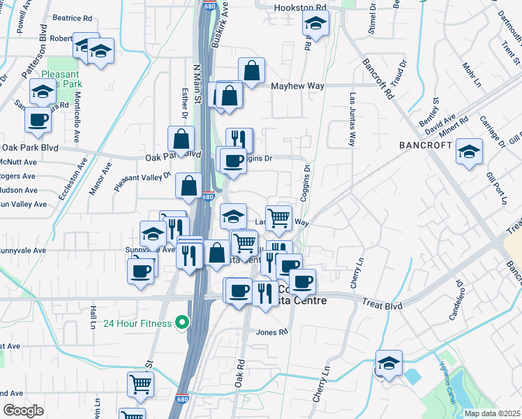 map of restaurants, bars, coffee shops, grocery stores, and more near 1352 Las Juntas Way in Walnut Creek