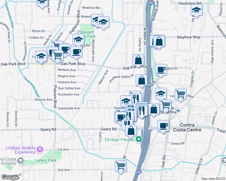 map of restaurants, bars, coffee shops, grocery stores, and more near 171 Vía Del Sol in Walnut Creek