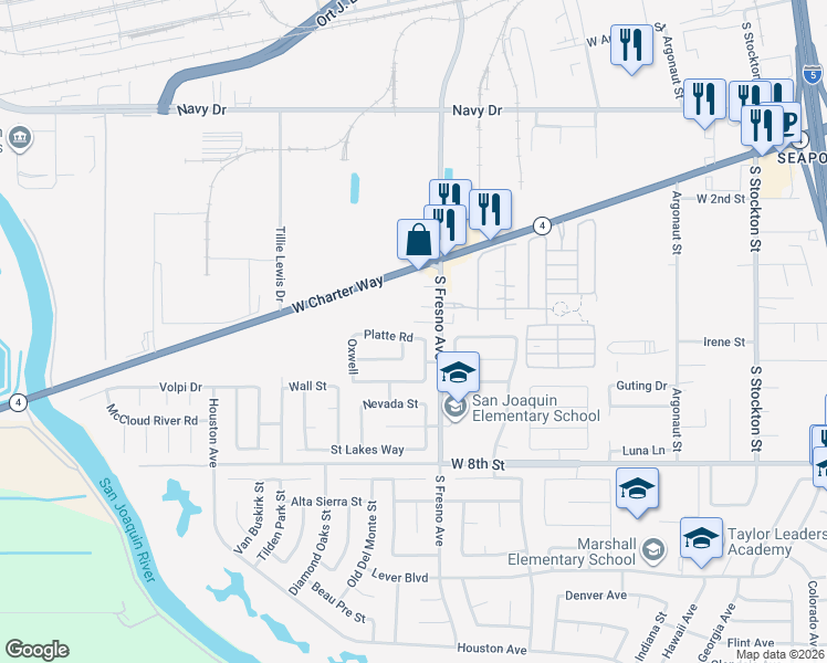 map of restaurants, bars, coffee shops, grocery stores, and more near 1806 Longdon Drive in Stockton