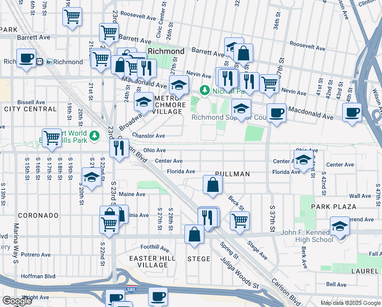map of restaurants, bars, coffee shops, grocery stores, and more near 2919 Center Avenue in Richmond