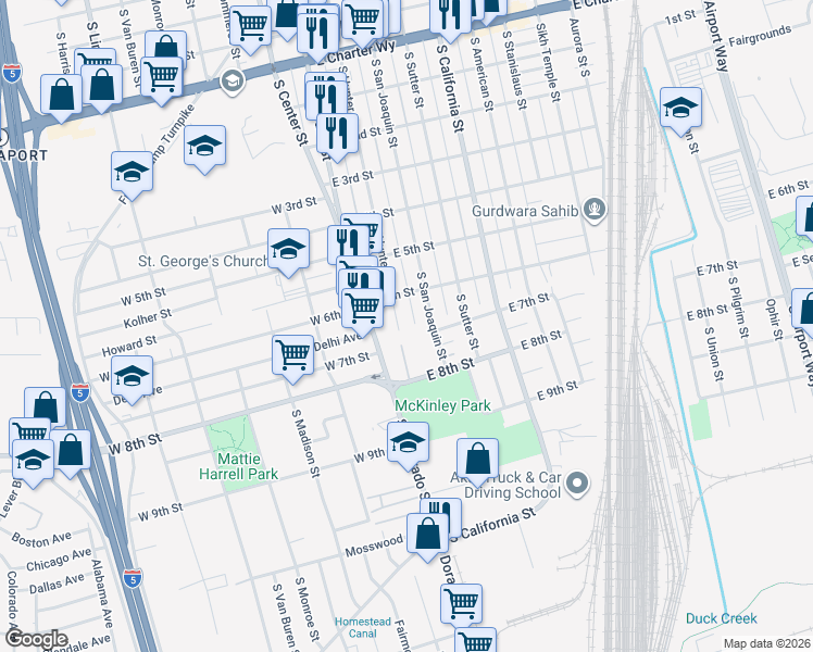 map of restaurants, bars, coffee shops, grocery stores, and more near 2049 South Hunter Street in Stockton