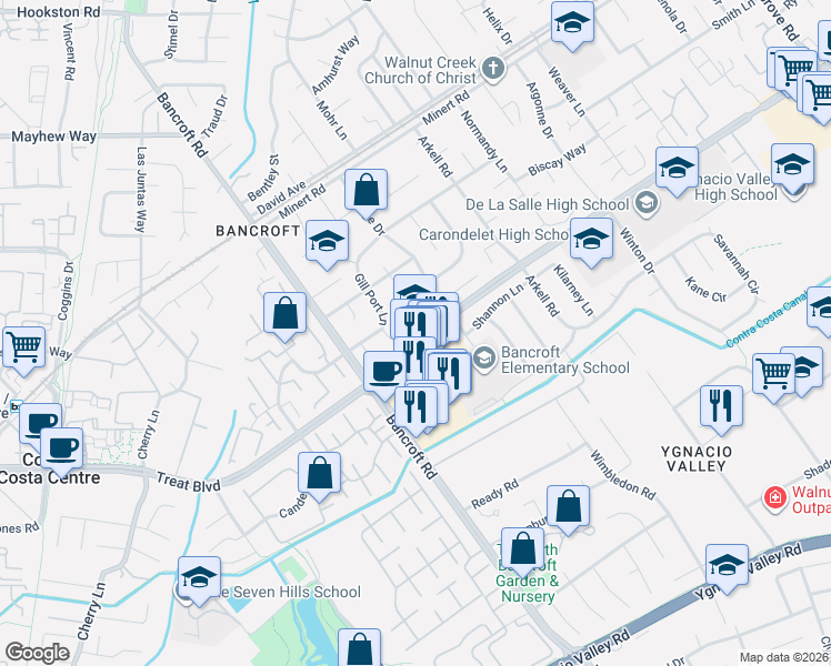 map of restaurants, bars, coffee shops, grocery stores, and more near 2074 Treat Boulevard in Walnut Creek