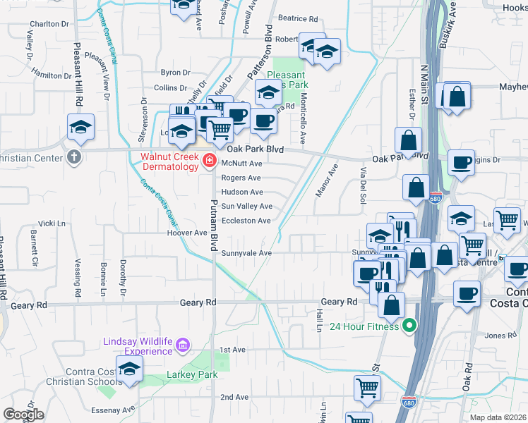 map of restaurants, bars, coffee shops, grocery stores, and more near 3148 Eccleston Avenue in Walnut Creek