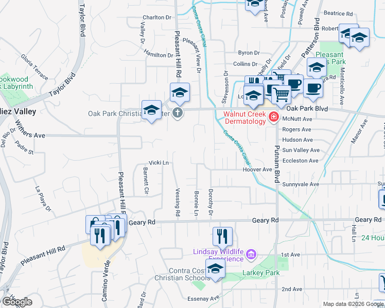 map of restaurants, bars, coffee shops, grocery stores, and more near 14 Bonnie Place in Pleasant Hill