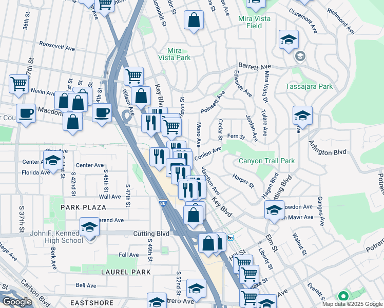 map of restaurants, bars, coffee shops, grocery stores, and more near 2213 Humboldt Street in El Cerrito