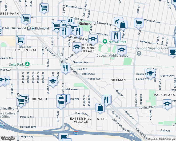map of restaurants, bars, coffee shops, grocery stores, and more near 2725 Center Avenue in Richmond