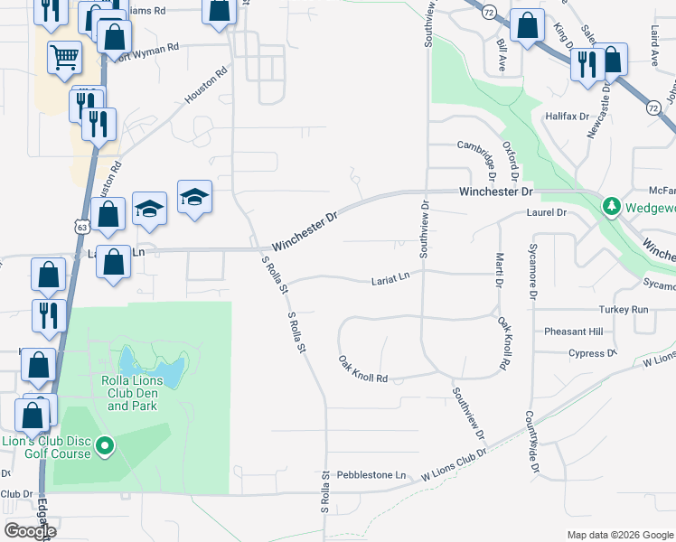 map of restaurants, bars, coffee shops, grocery stores, and more near 601 Lariat Lane in Rolla