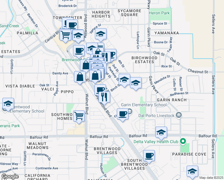 map of restaurants, bars, coffee shops, grocery stores, and more near 233 Birch Street in Brentwood