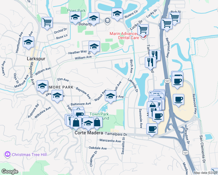 map of restaurants, bars, coffee shops, grocery stores, and more near 116 Walnut Avenue in Corte Madera