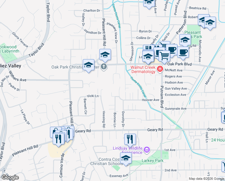 map of restaurants, bars, coffee shops, grocery stores, and more near 14 Bonnie Place in Pleasant Hill