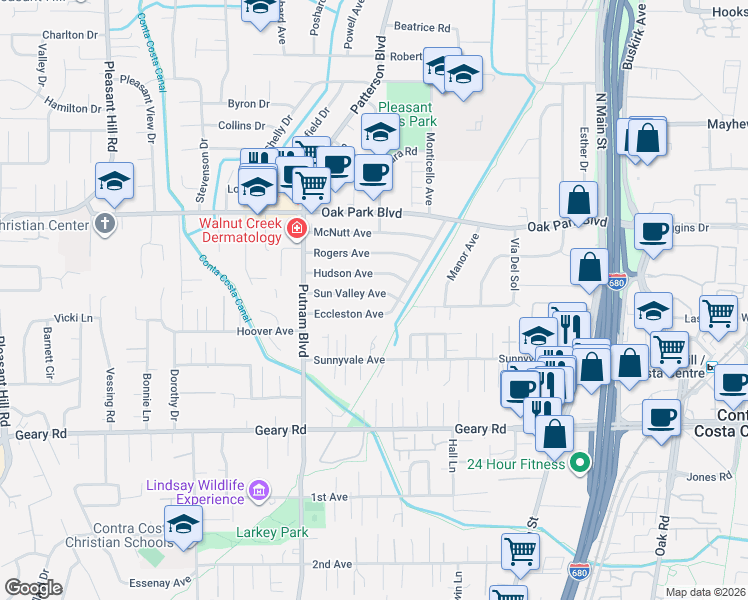 map of restaurants, bars, coffee shops, grocery stores, and more near 3148 Eccleston Avenue in Walnut Creek
