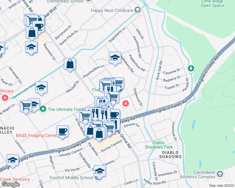 map of restaurants, bars, coffee shops, grocery stores, and more near 2290 Oak Grove Road in Walnut Creek