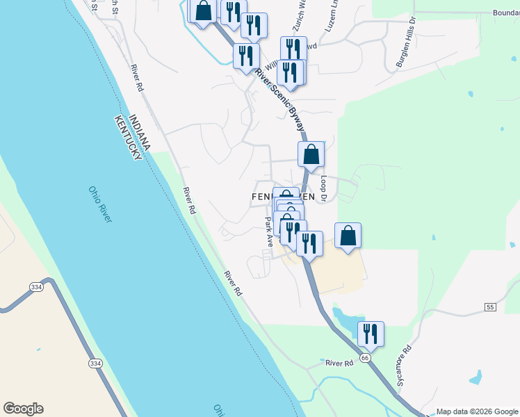 map of restaurants, bars, coffee shops, grocery stores, and more near 78 Riverview Drive in Tell City