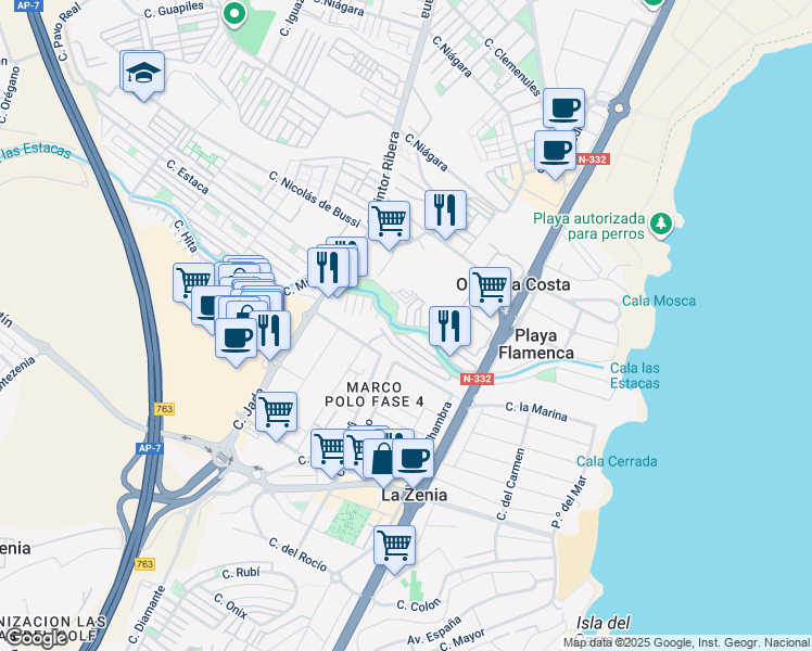 map of restaurants, bars, coffee shops, grocery stores, and more near Calle Jalón in Orihuela
