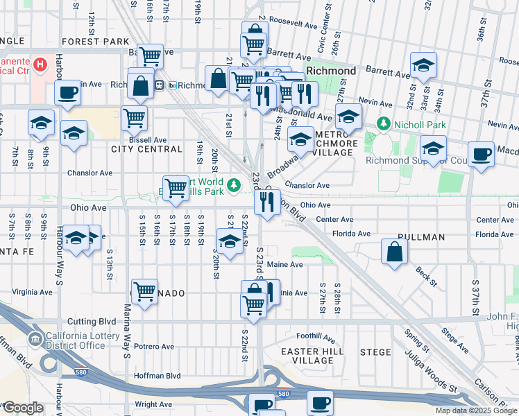 map of restaurants, bars, coffee shops, grocery stores, and more near 110 South 23rd Street in Richmond