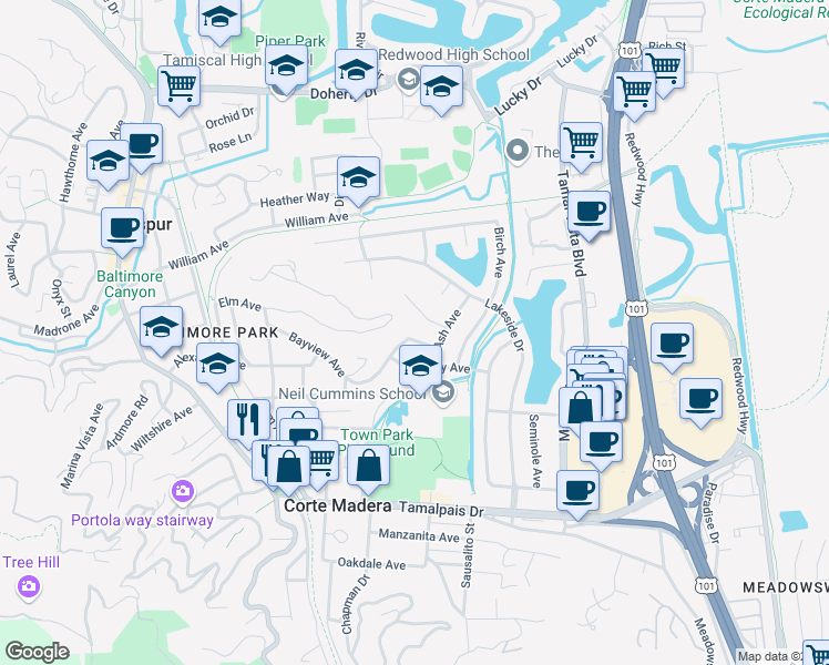 map of restaurants, bars, coffee shops, grocery stores, and more near 116 Walnut Avenue in Corte Madera