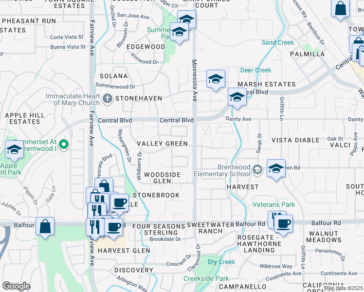 map of restaurants, bars, coffee shops, grocery stores, and more near Valley Green Drive in Brentwood