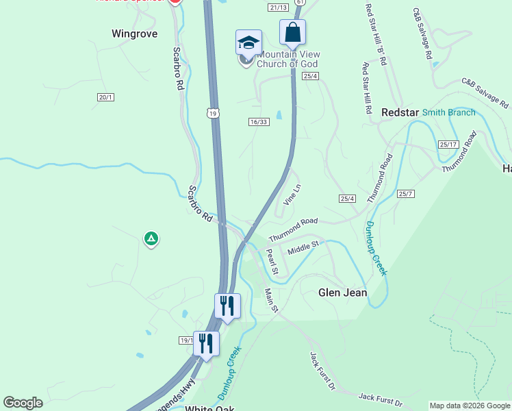 map of restaurants, bars, coffee shops, grocery stores, and more near 158 Glenview Road in Scarbro