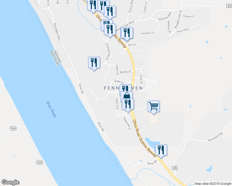 map of restaurants, bars, coffee shops, grocery stores, and more near 72 Park Avenue in Tell City