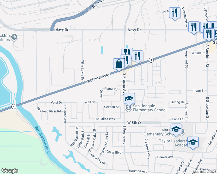 map of restaurants, bars, coffee shops, grocery stores, and more near 1914 Platte Road in Stockton