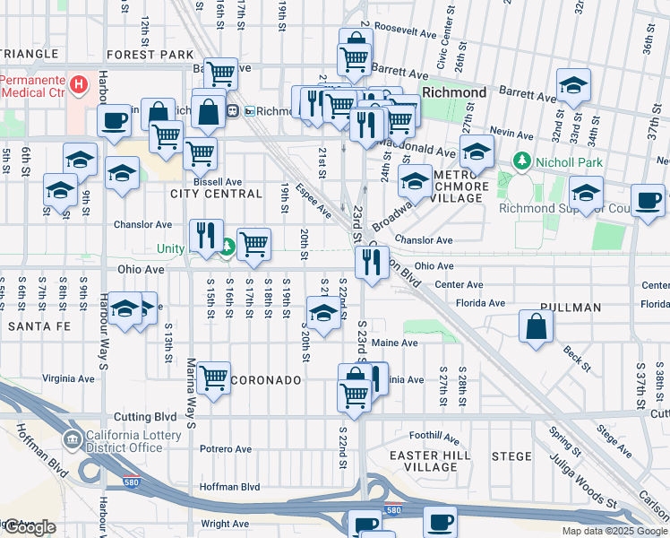 map of restaurants, bars, coffee shops, grocery stores, and more near 2120 Ohio Avenue in Richmond