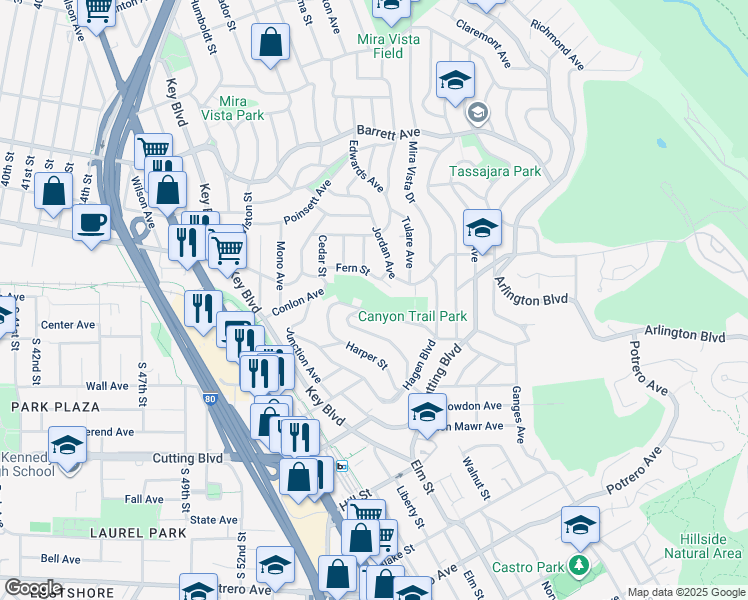 map of restaurants, bars, coffee shops, grocery stores, and more near 6654 Gatto St in El Cerrito