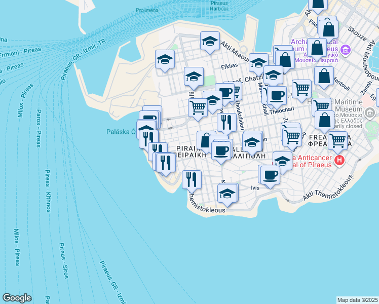 map of restaurants, bars, coffee shops, grocery stores, and more near in Piraeus
